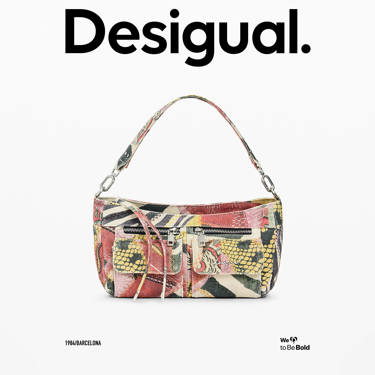 Desigual26秋冬新品彩色斑马纹印花双袋装饰手提单肩包
