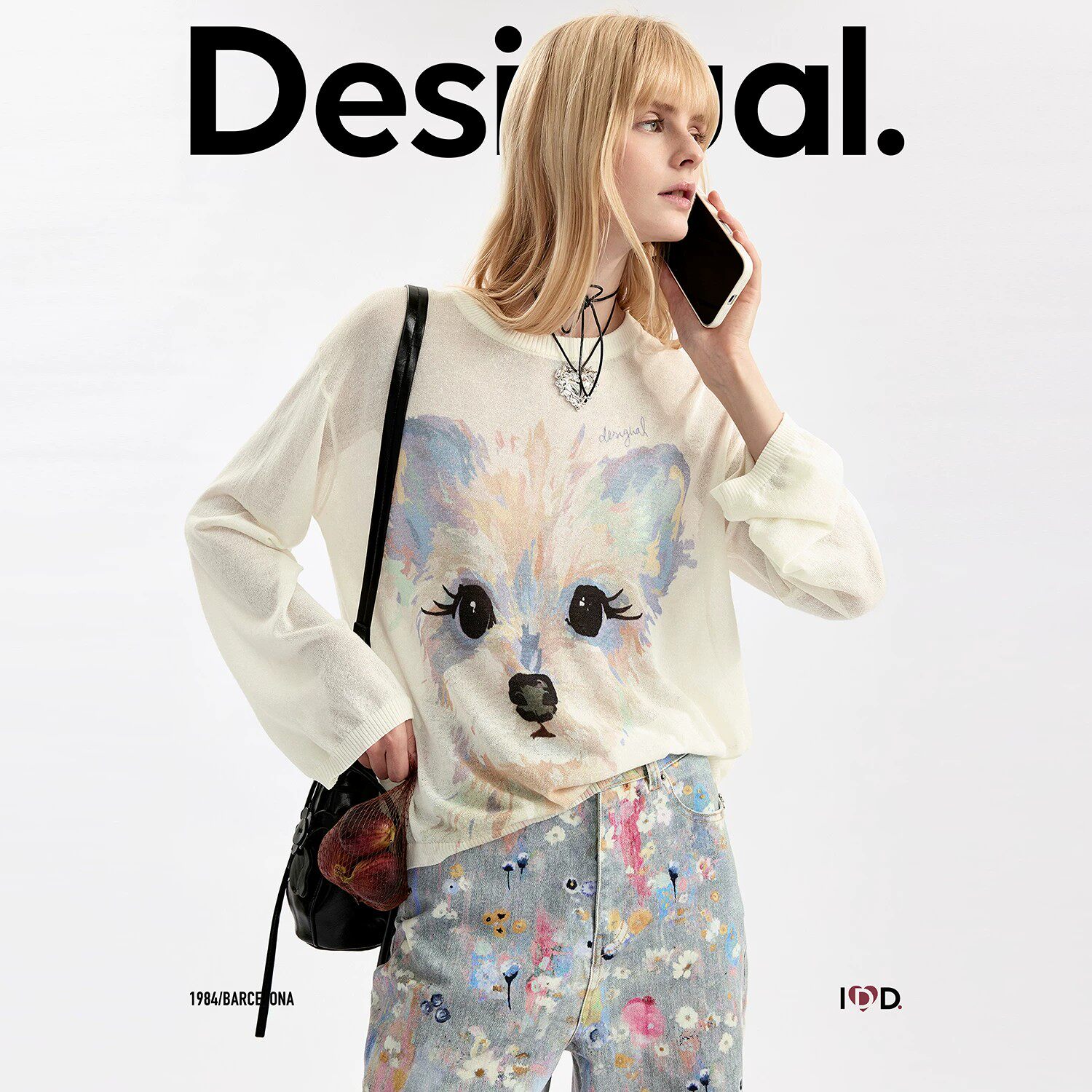 【超能小太阳】Desigual26秋冬新品水彩小狗印花圆领长袖针织衫