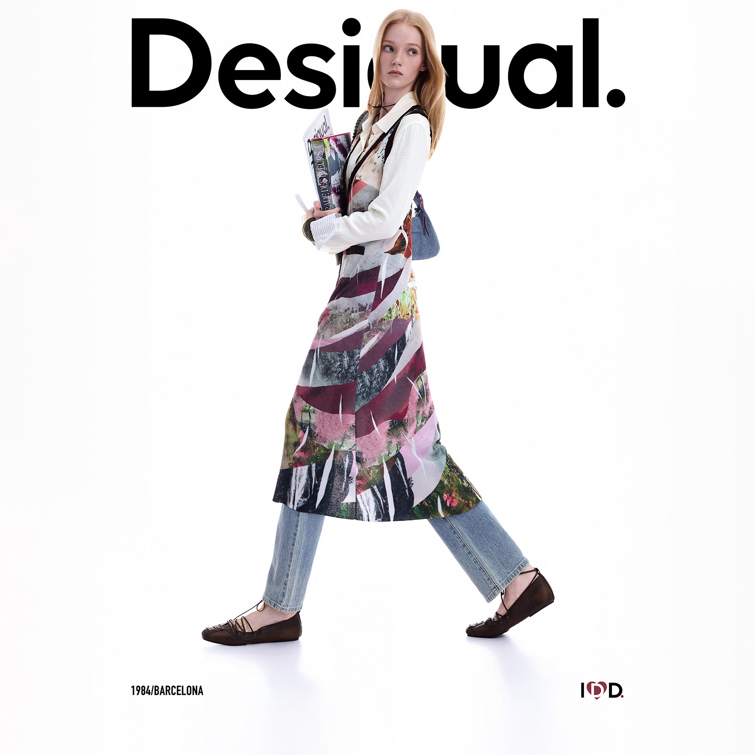 Desigual26秋冬新品手绘拼贴画印花无袖针织纽扣开襟中长款连衣裙