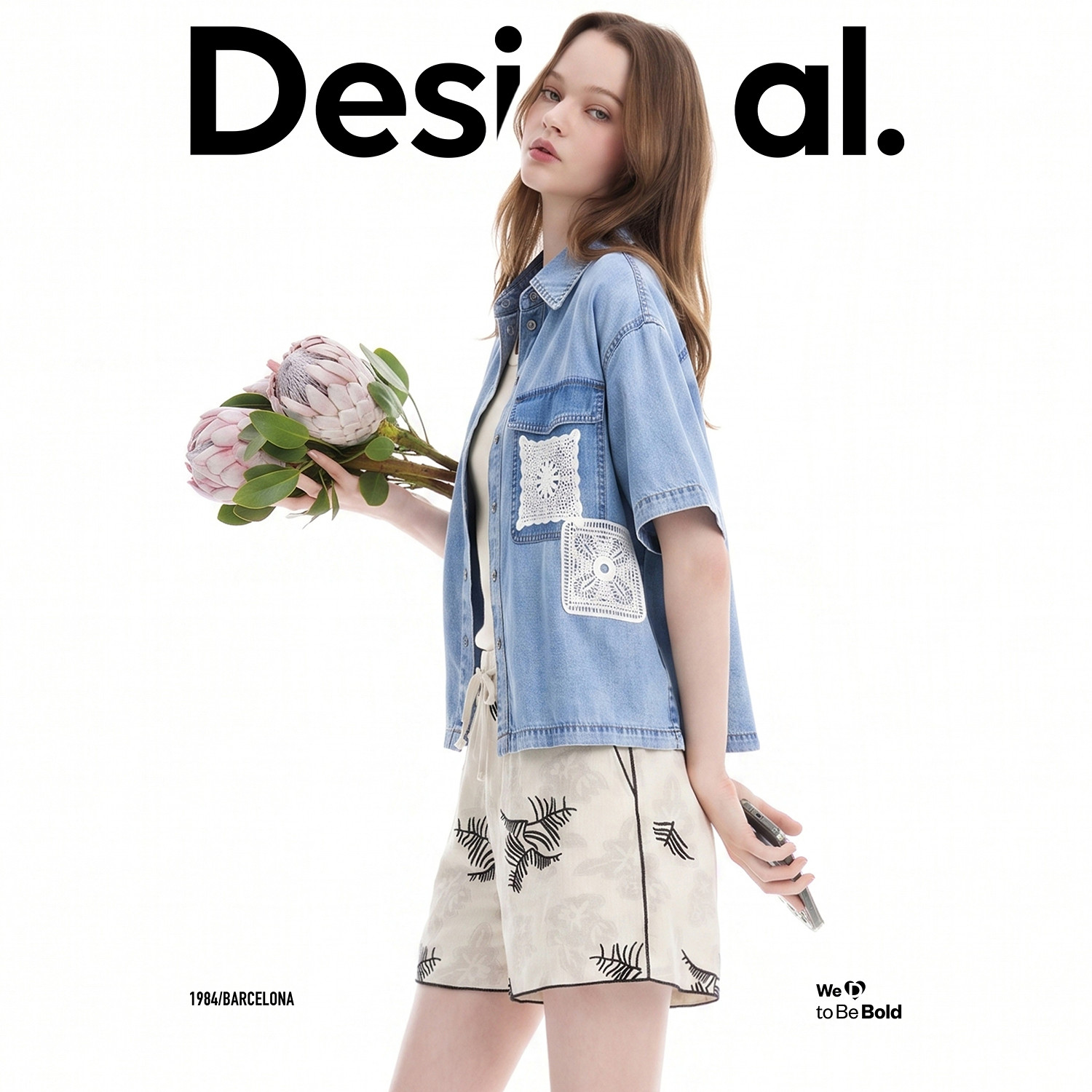 Desigual26秋冬新品浅蓝天丝牛仔蕾丝贴布刺绣短袖女式衬衫
