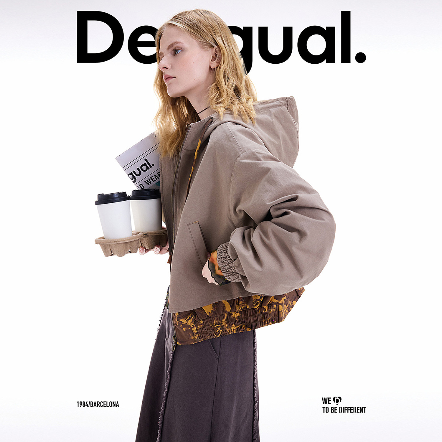 Desigual花卉印花拼接假两件下摆连帽女士外套