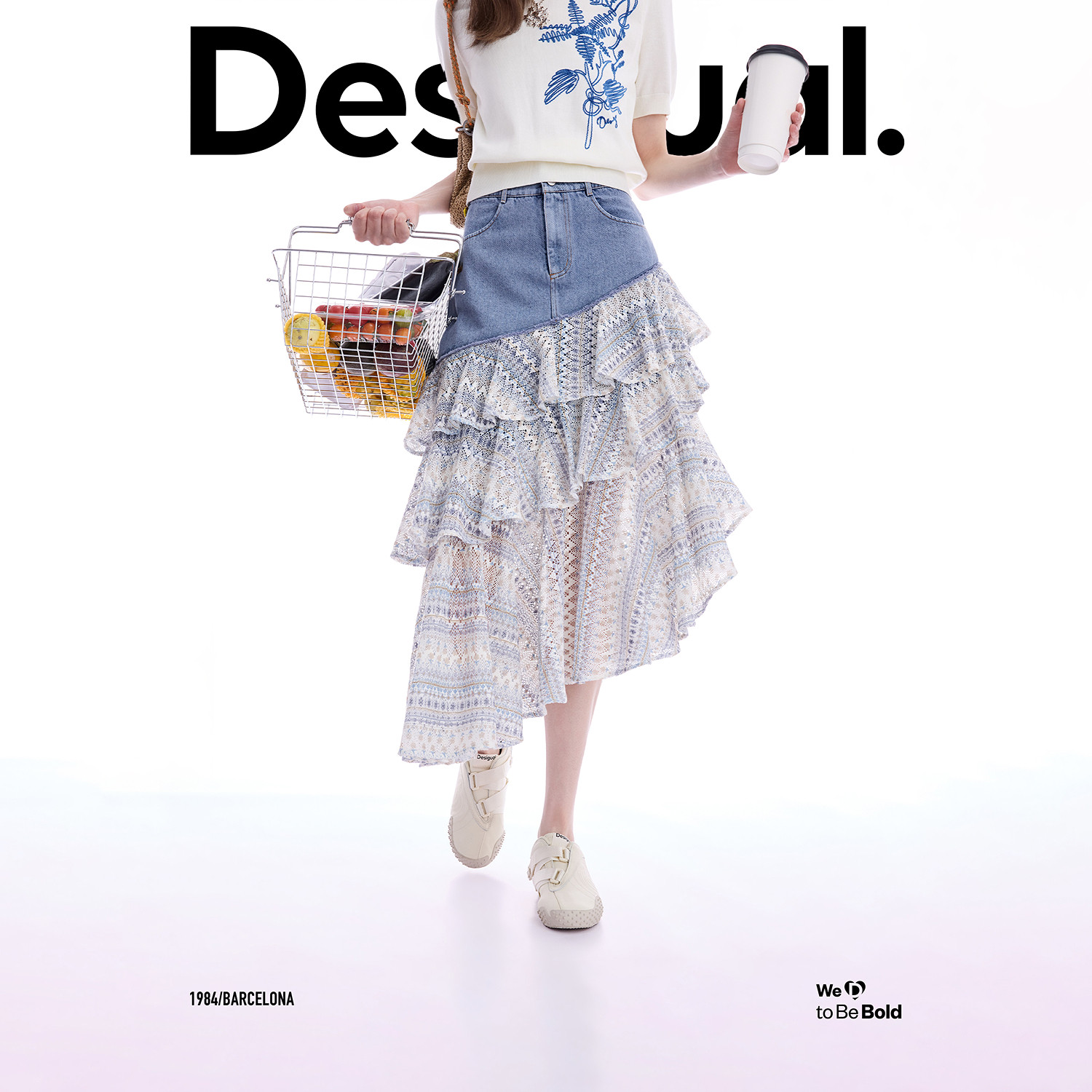 Desigual26春夏新品牛仔拼接碎花钩织不对称长款女式半身裙