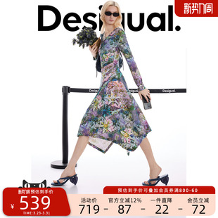 Desigual26春夏新品 花卉印花不规则下摆连衣裙 修身