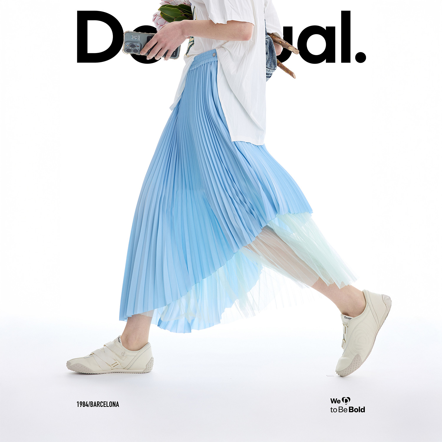 Desigual26春夏新品双层撞色不对称百褶橡筋腰半身裙