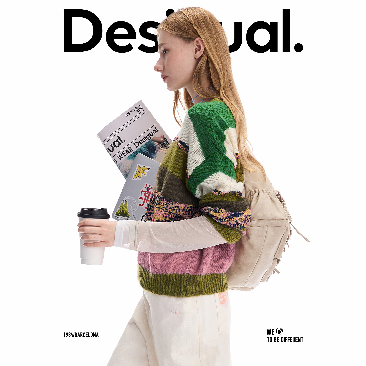Desigual撞色条纹拼接段染彩色豆豆纱圆领女式针织衫