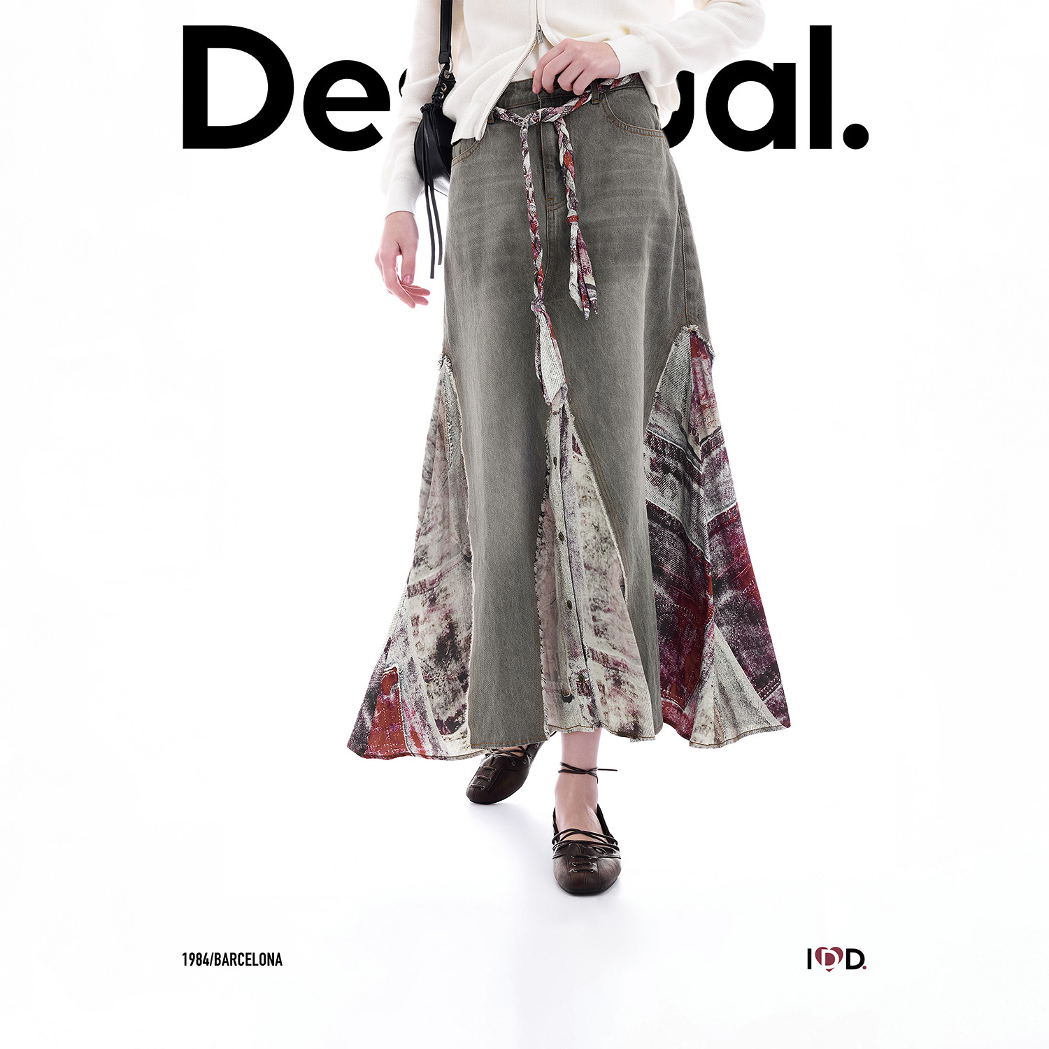 Desigual26秋冬新品黑灰色牛仔拼接复古牛仔印花插片半身裙