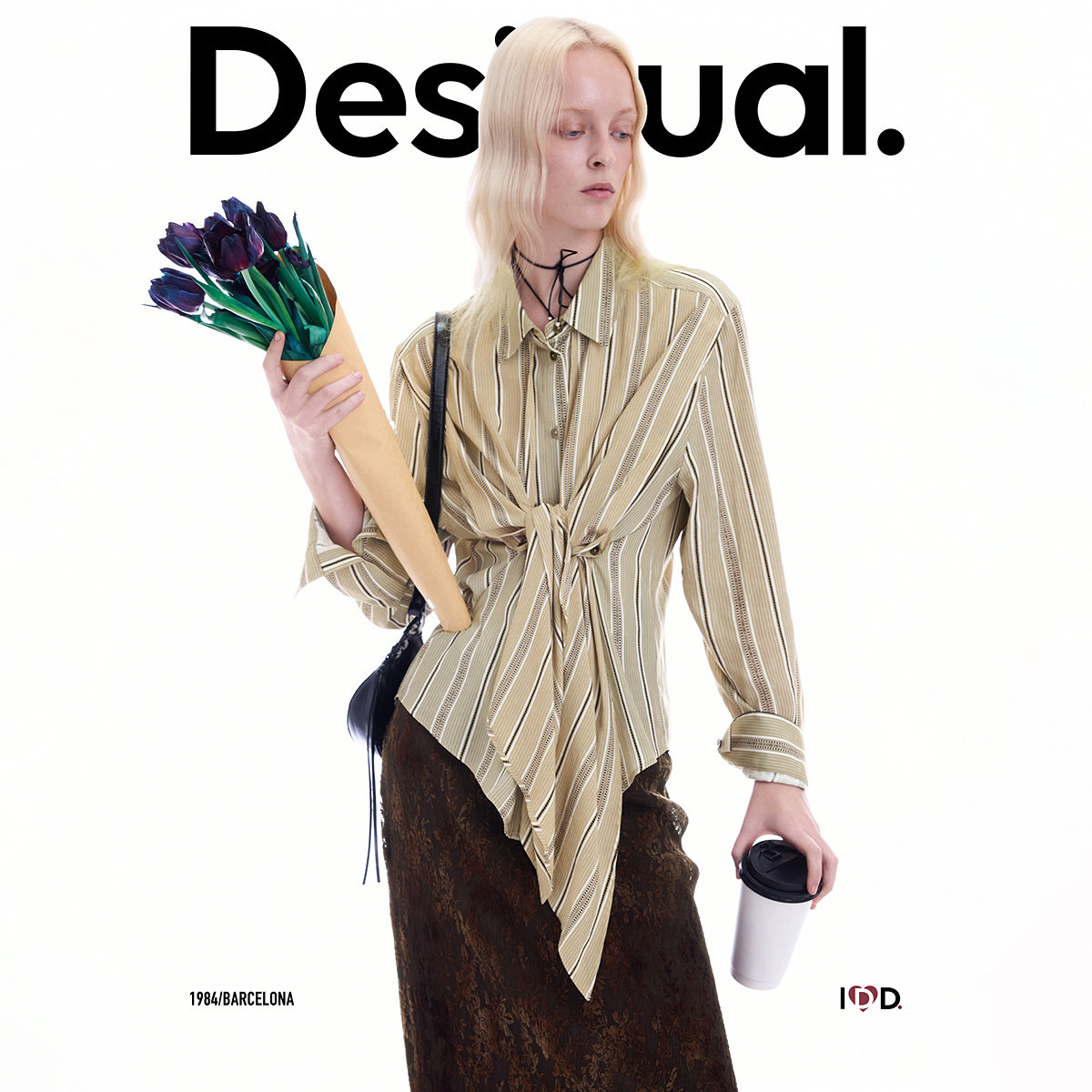 Desigual26秋冬新品宽松肌理条纹印花假两件系结解构设计女式衬衫