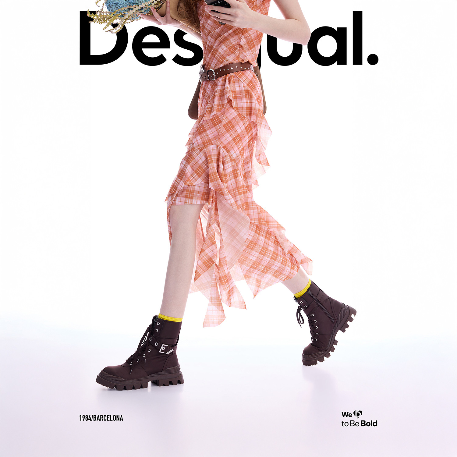 Desigual26春夏新品格纹印花弹力修身多层荷叶边不规则开衩半身裙