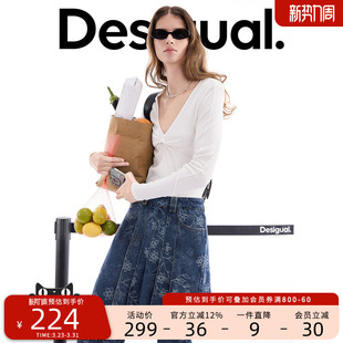 螺纹女式 V领纽结长袖 T恤 弹力修身 Desigual26春夏新品