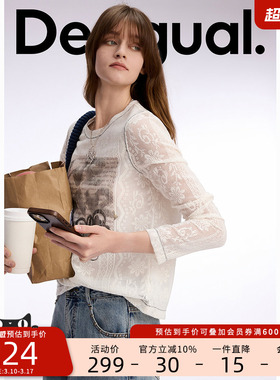 Desigual26春夏新品蕾丝手绘印花长袖女式T恤