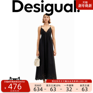 Desigual蕾丝黑色收腰显瘦长款 V领露背 女士吊带连衣裙无袖
