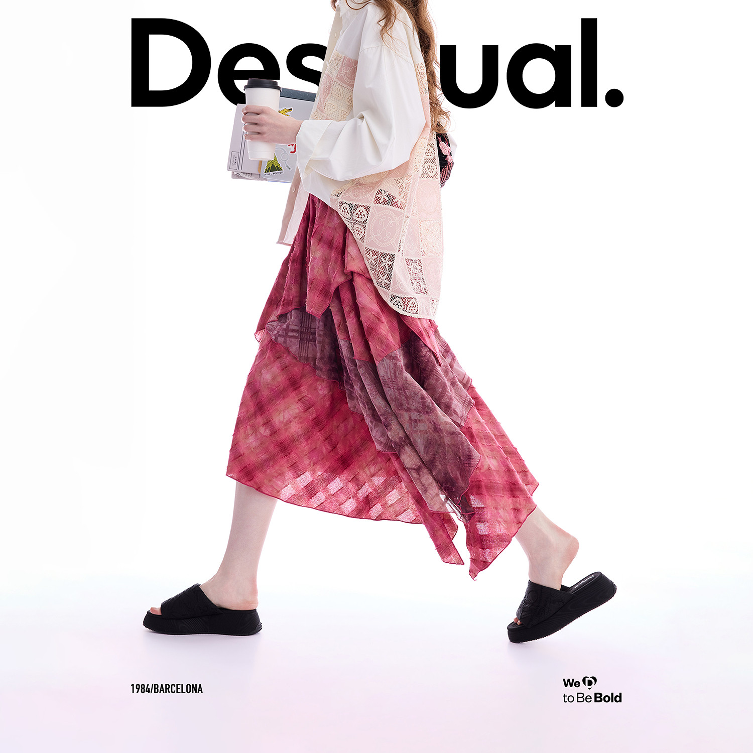 Desigual26春夏新品多层拼接丝绒格纹不对称玫红色半身裙