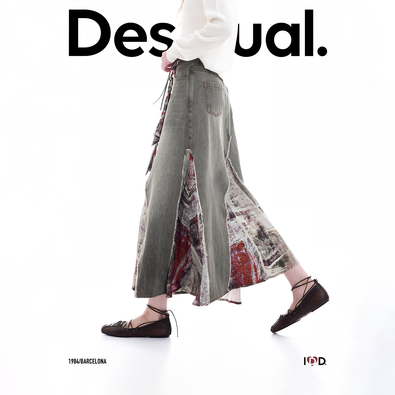 【呼呼专享】Desigual黑灰色牛仔拼接复古牛仔印花插片半身裙