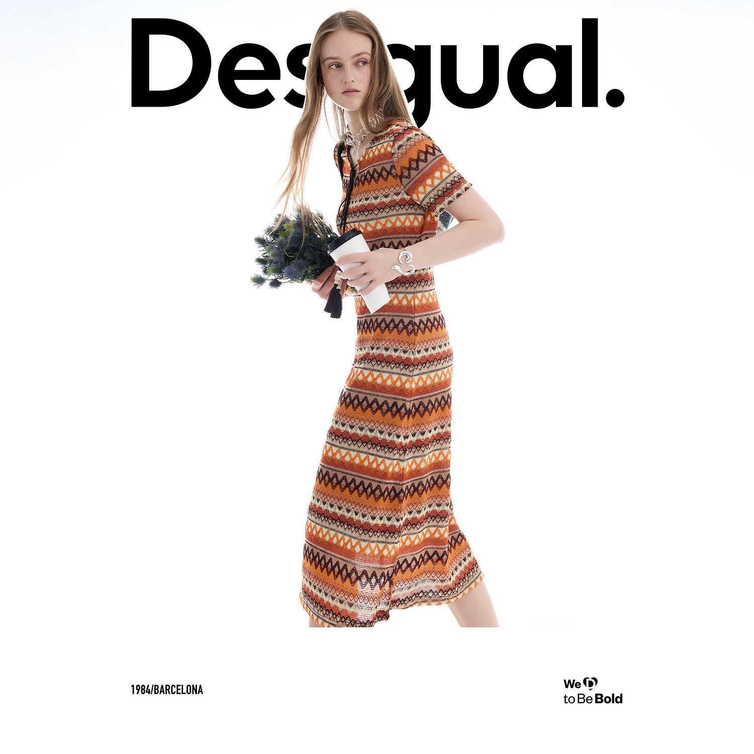 【超能小太阳】Desigual26春夏橘色条纹镂空流苏装饰连衣裙