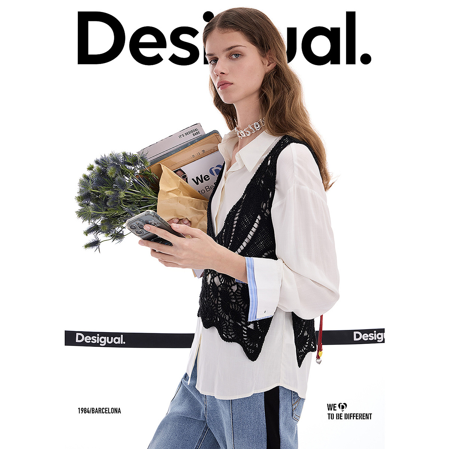 Desigual26春夏新品针织钩针两件套黑白撞色女式衬衫含马甲背心