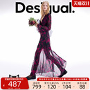 女式 V领长袖 连衣裙 复古花卉印花修身 Desigual25秋冬新品