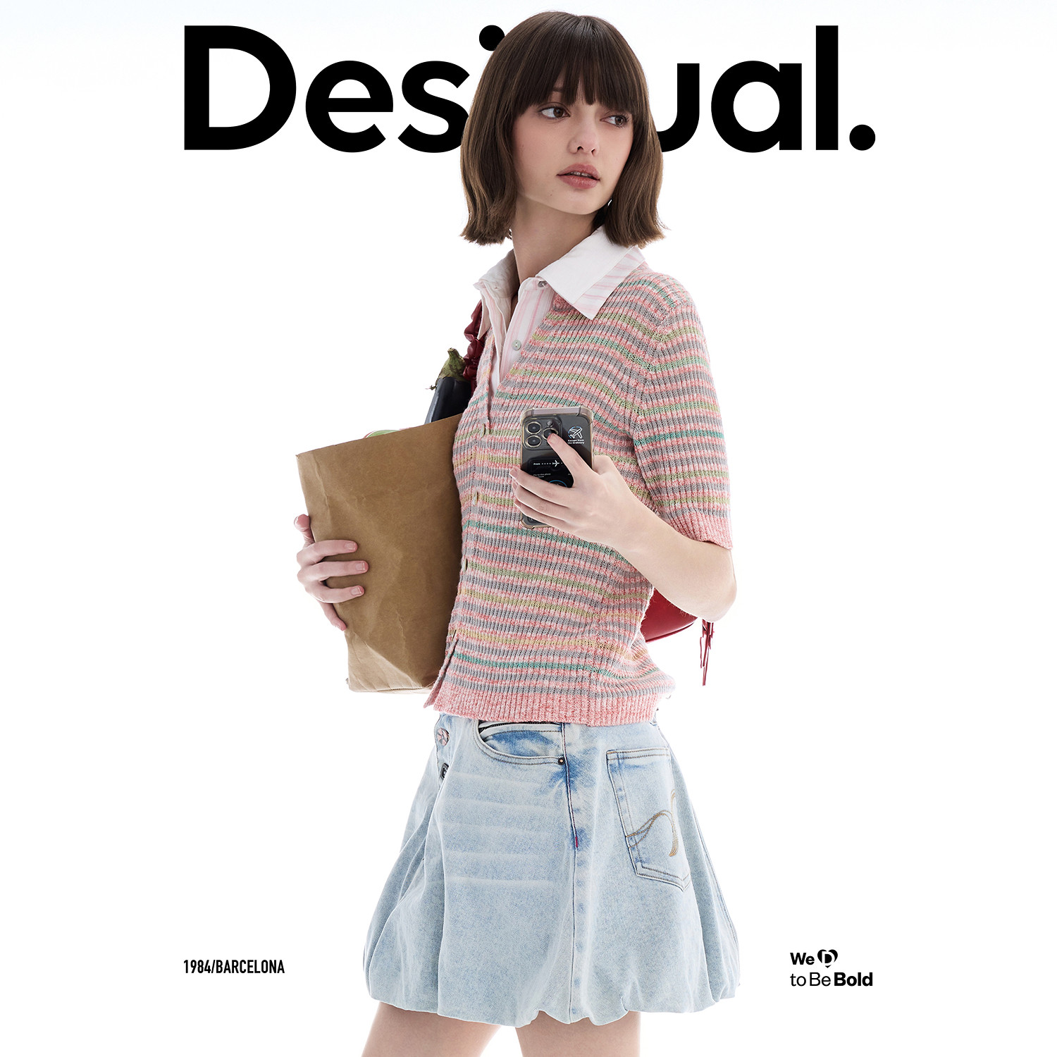 Desigual26春夏新品彩色条纹针织双层拼接领女士针织衫