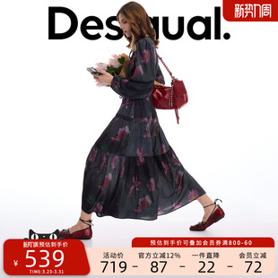 Desigual26春夏新品 花卉黑色波浪印花腰部抽绳领口系带连衣裙