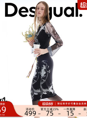 【LACROIX联名】Desigual26春夏新品黑白撞色兰花印花长袖连衣裙