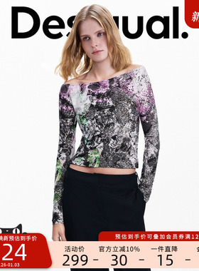 Desigual【Lacroix联名】25秋冬新品烂花斑驳印花一字领女士T恤