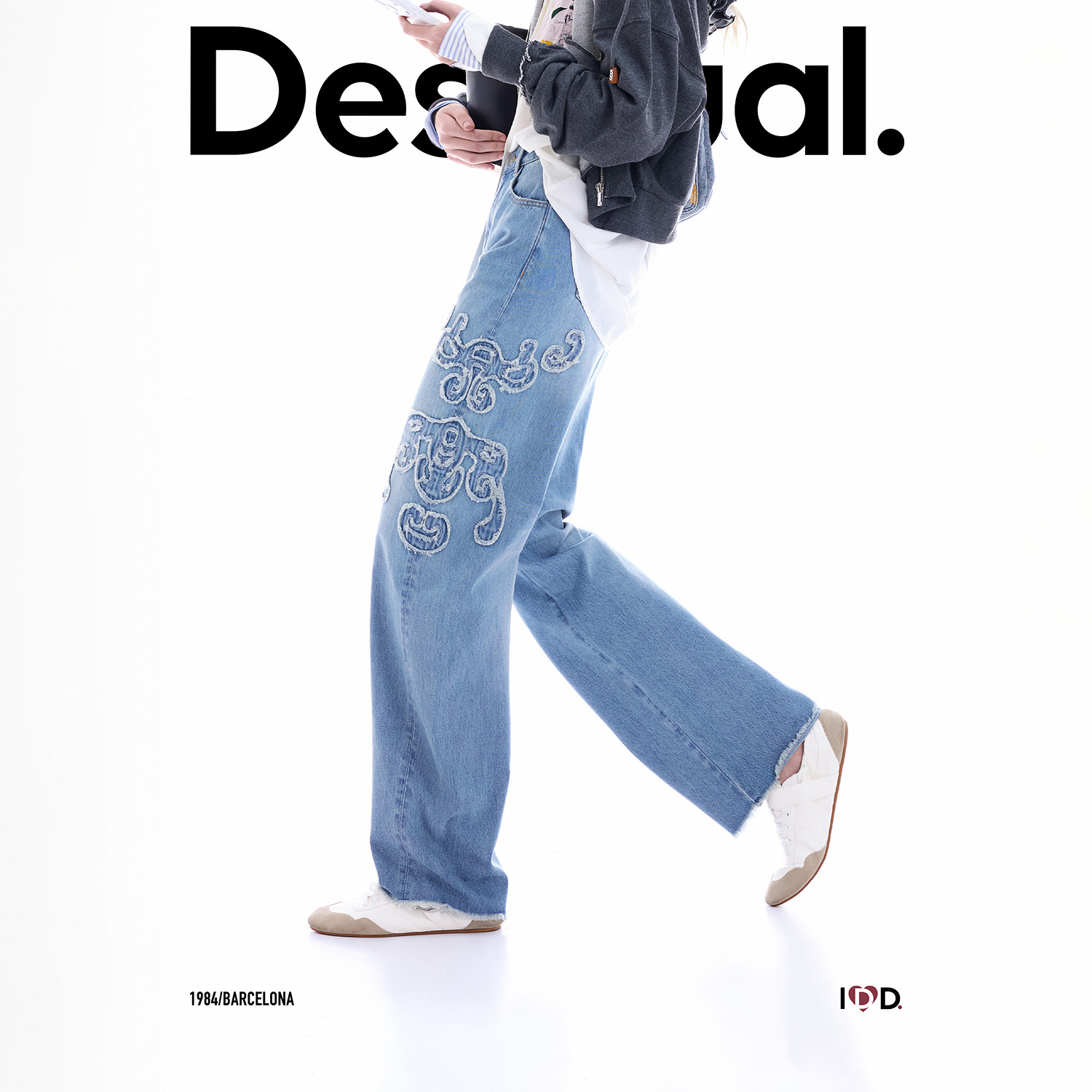 Desigual26秋冬新品复古水洗毛边卷草刺绣阔腿女式牛仔裤