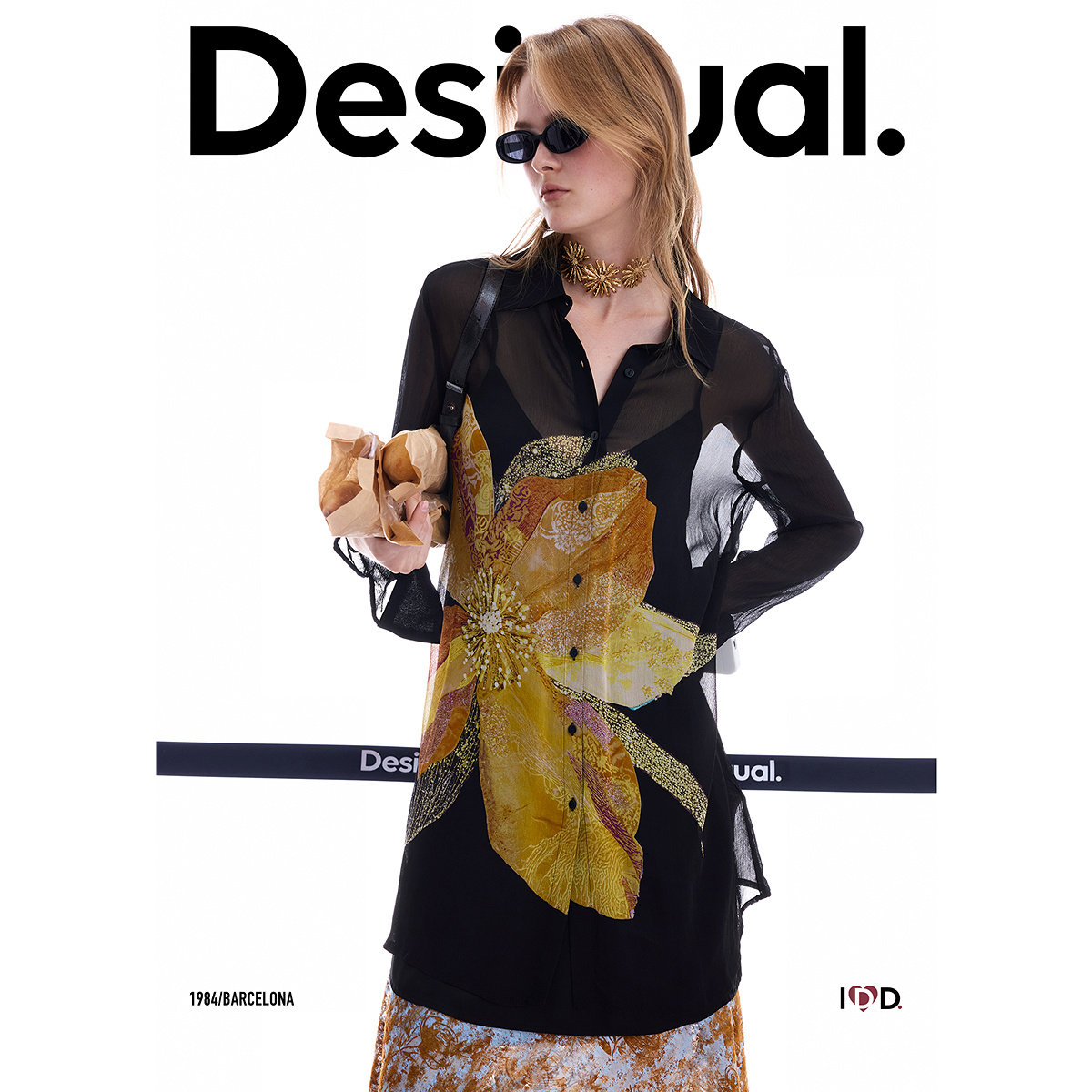 Desigual26秋冬新品透视黑纱有内衬手绘油画印花长款衬衫连衣裙