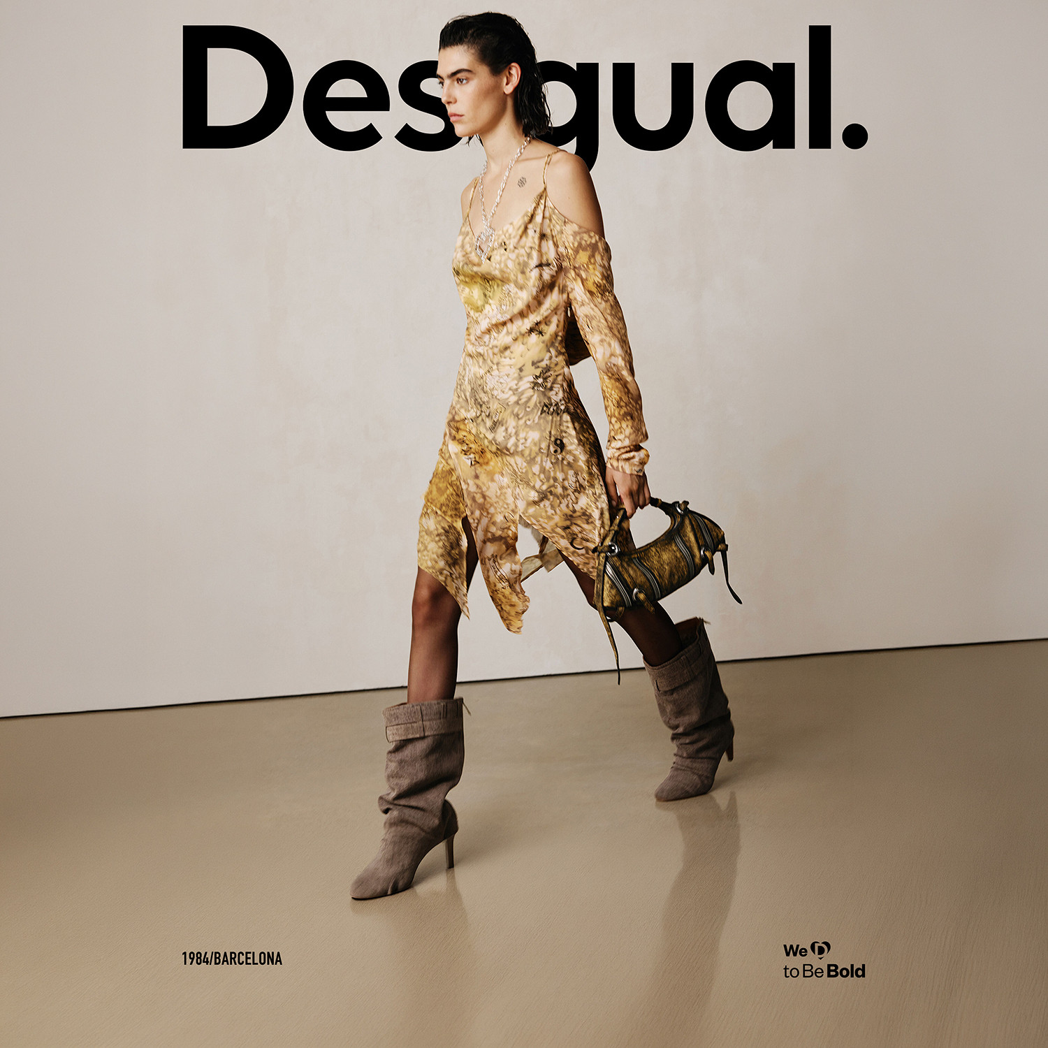 Desigual26春夏新品Studio系列真丝混纺落肩手绘晕染印花连衣裙