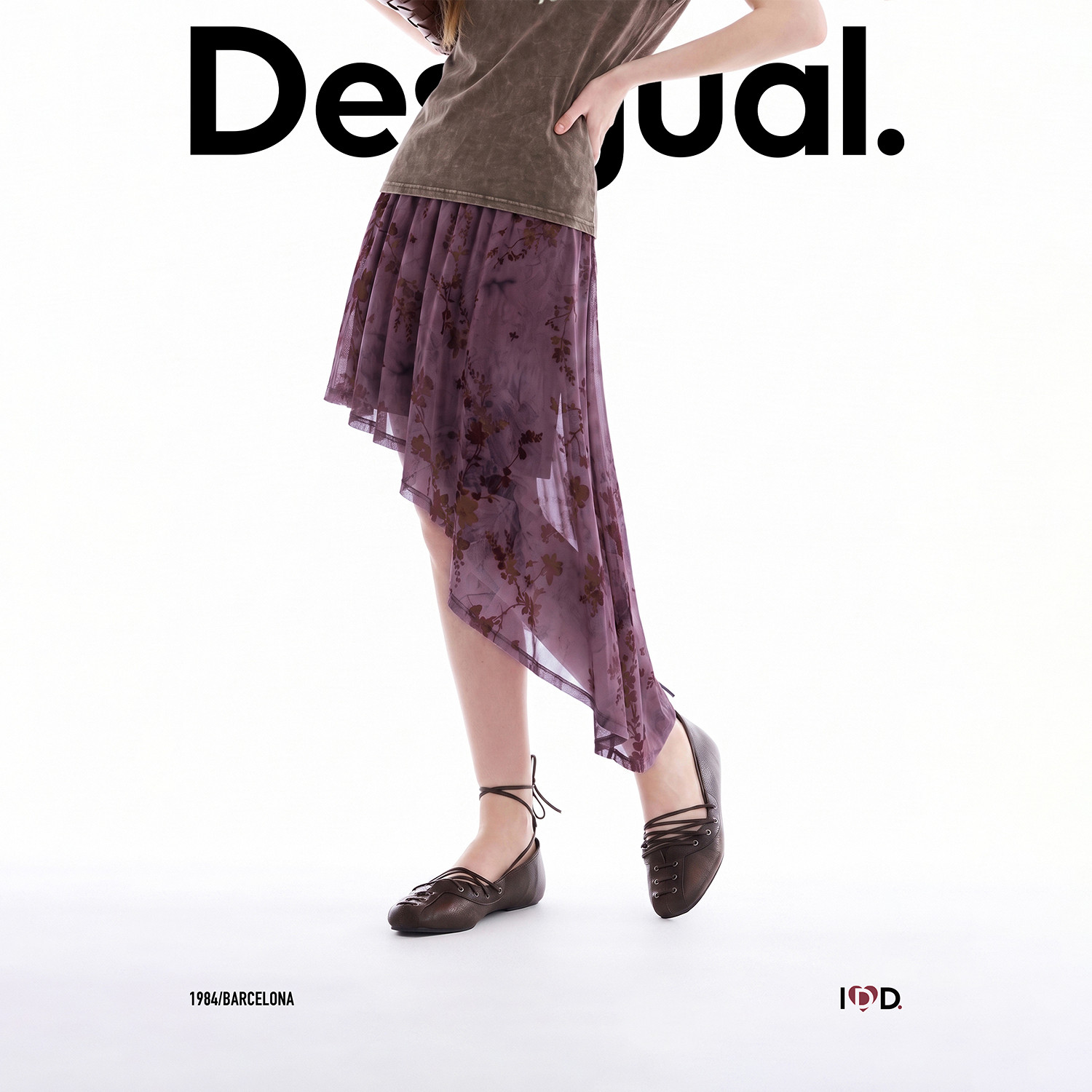 Desigual26秋冬新品印花剪影植绒抽褶不对称下摆女式半身裙