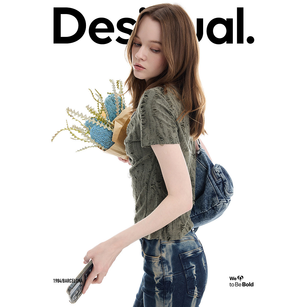 Desigual26春夏新品军绿色破洞肌理抽褶女式T恤