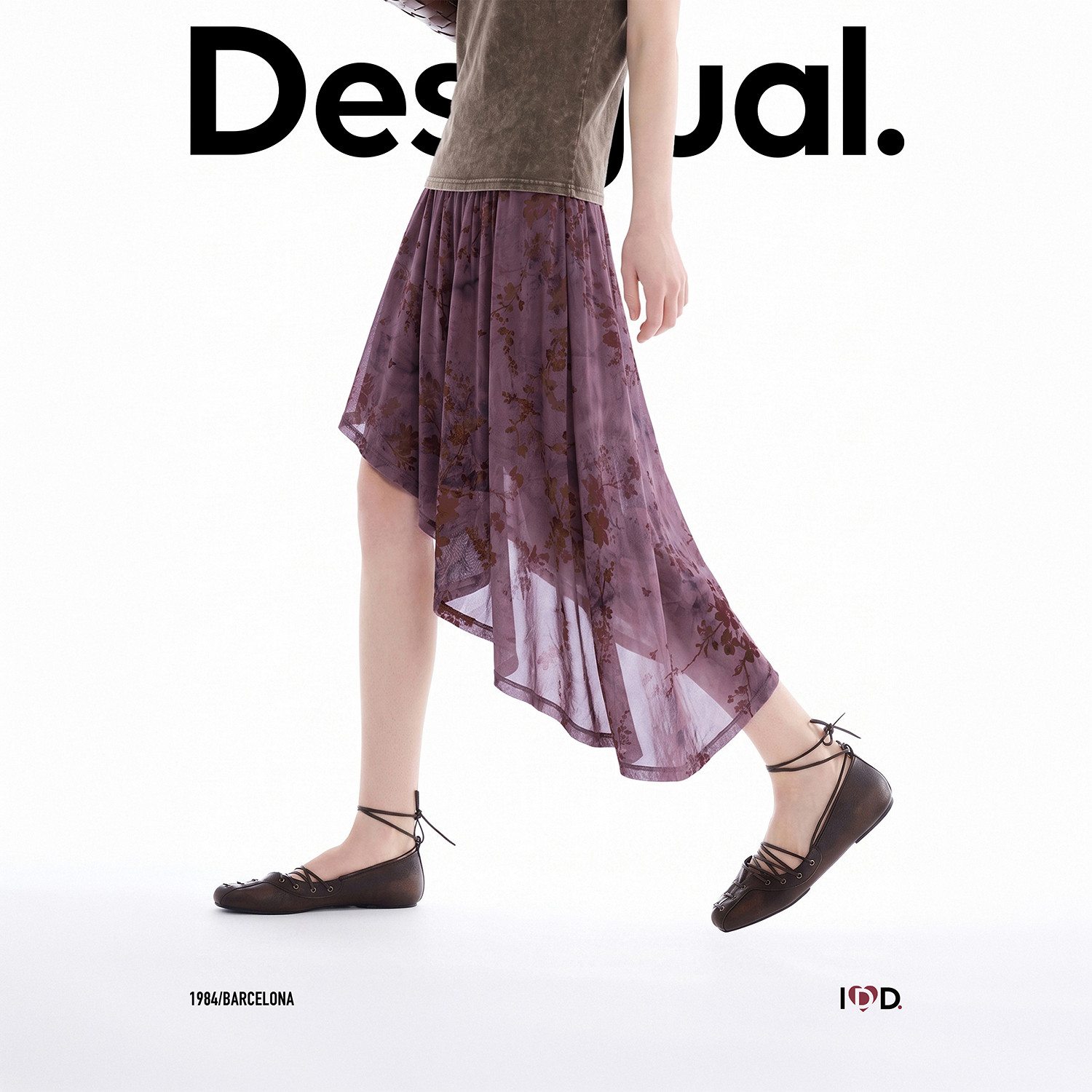 Desigual26秋冬新品印花剪影植绒抽褶不对称下摆女式半身裙