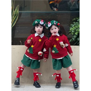 男女童洋气圣诞节小熊毛衣宝宝2026秋冬红色针织衫上衣元旦演出服