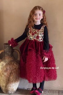 女童红色圣诞生日礼服裙儿童蓬蓬蛋糕裙过新年拜年服迪士尼公主裙