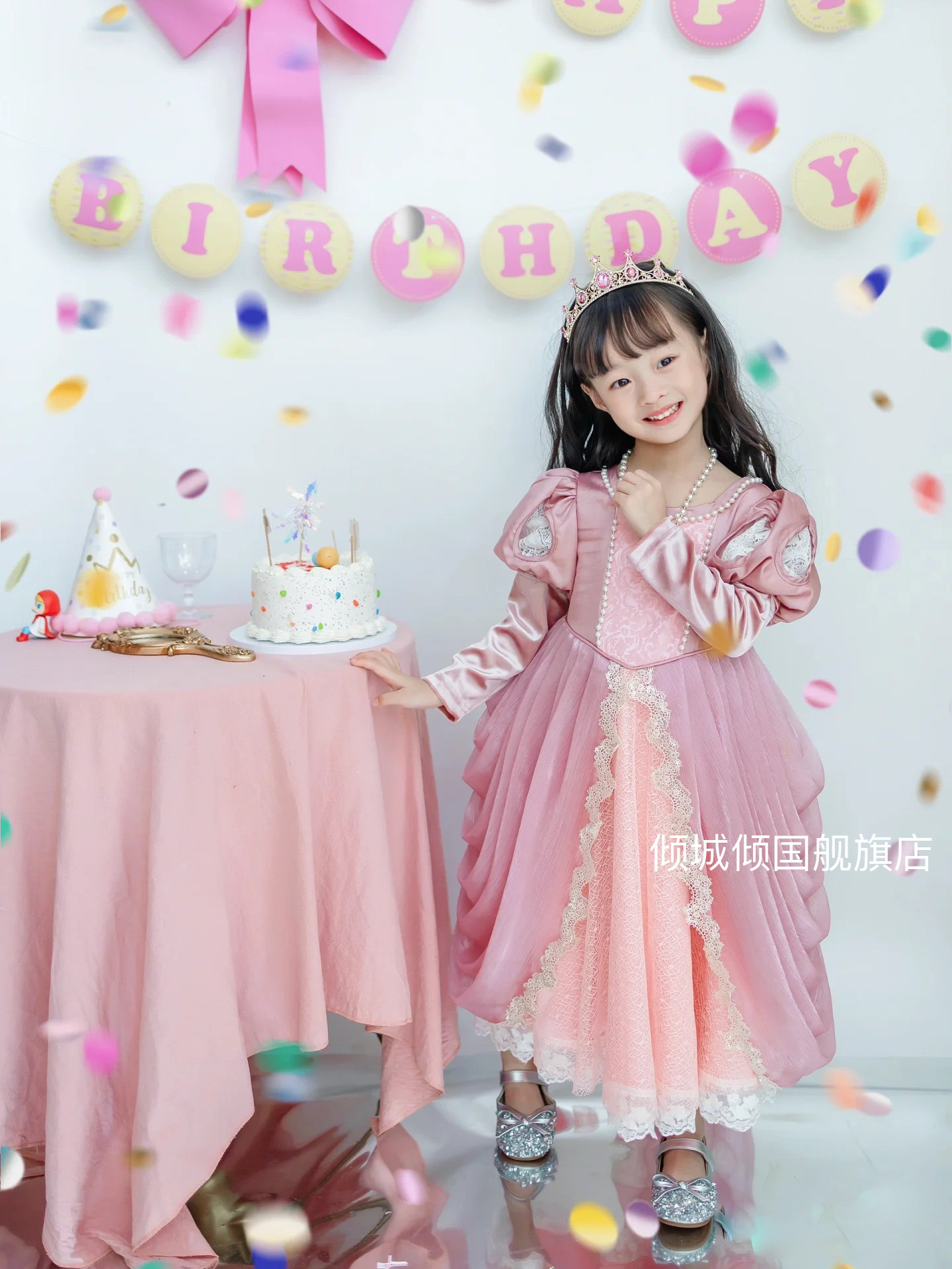 女童秋冬款爱丽儿公主裙粉色美人鱼丝绒长袖生日礼服泡泡袖连衣裙
