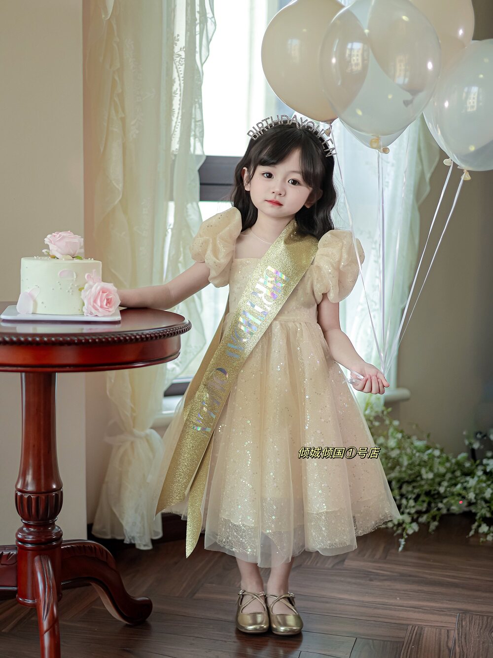 女童香槟色生日礼服夏季闪闪纱裙
