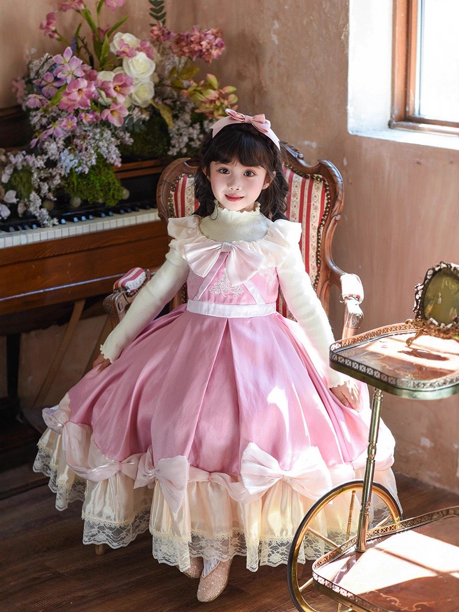 女童秋冬款粉色灰姑娘公主连衣裙蝴蝶结蓬蓬裙礼服高定款生日裙子