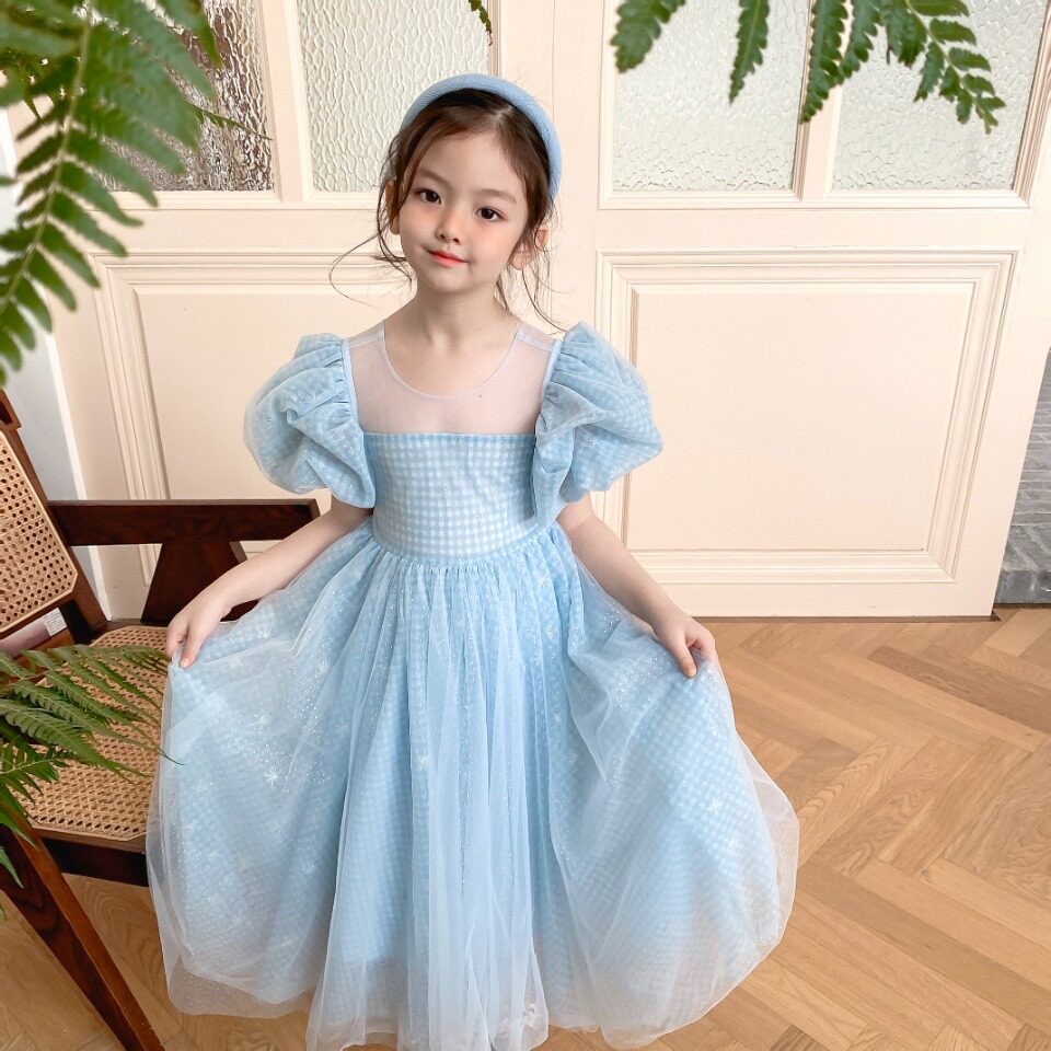 23夏款女童冰雪奇缘爱莎公主裙迪斯尼儿童泡泡袖连衣裙生日礼服裙