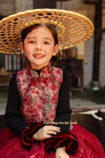 女童新中式国风连衣裙秋冬款儿童唐装旗袍裙宝宝周岁礼服公主裙子