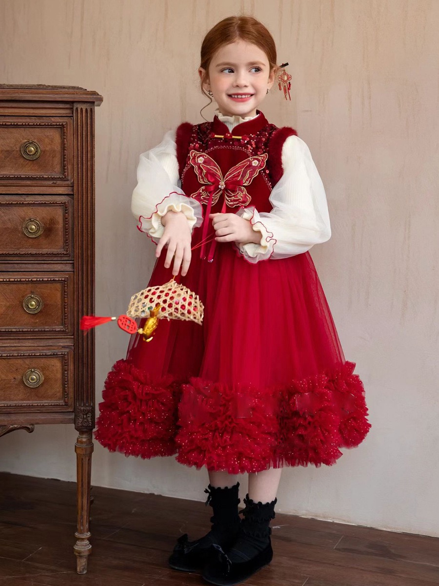 女童拜年服冬季新年款国风加绒连衣裙高定礼服裙女孩公主裙套装裙