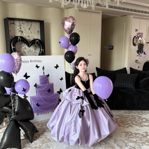 紫色女童礼服生日公主裙花童婚礼小众高端儿童重工钢琴演奏演出服