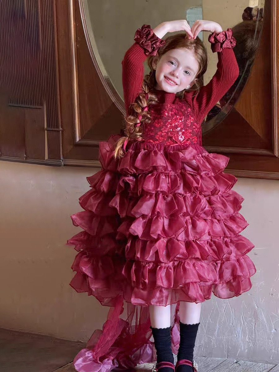 女童亮片蓬蓬公主裙2025冬季蛋糕裙女宝宝加绒网纱生日新年连衣裙