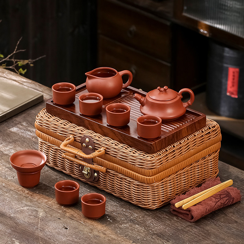原矿朱泥紫砂功夫茶具套装户外便携式旅行茶具泡茶壶盘高档收纳包