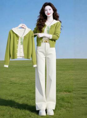 草绿色连帽拼接假两件针织开衫2026春季法式清新软糯高级感上衣女