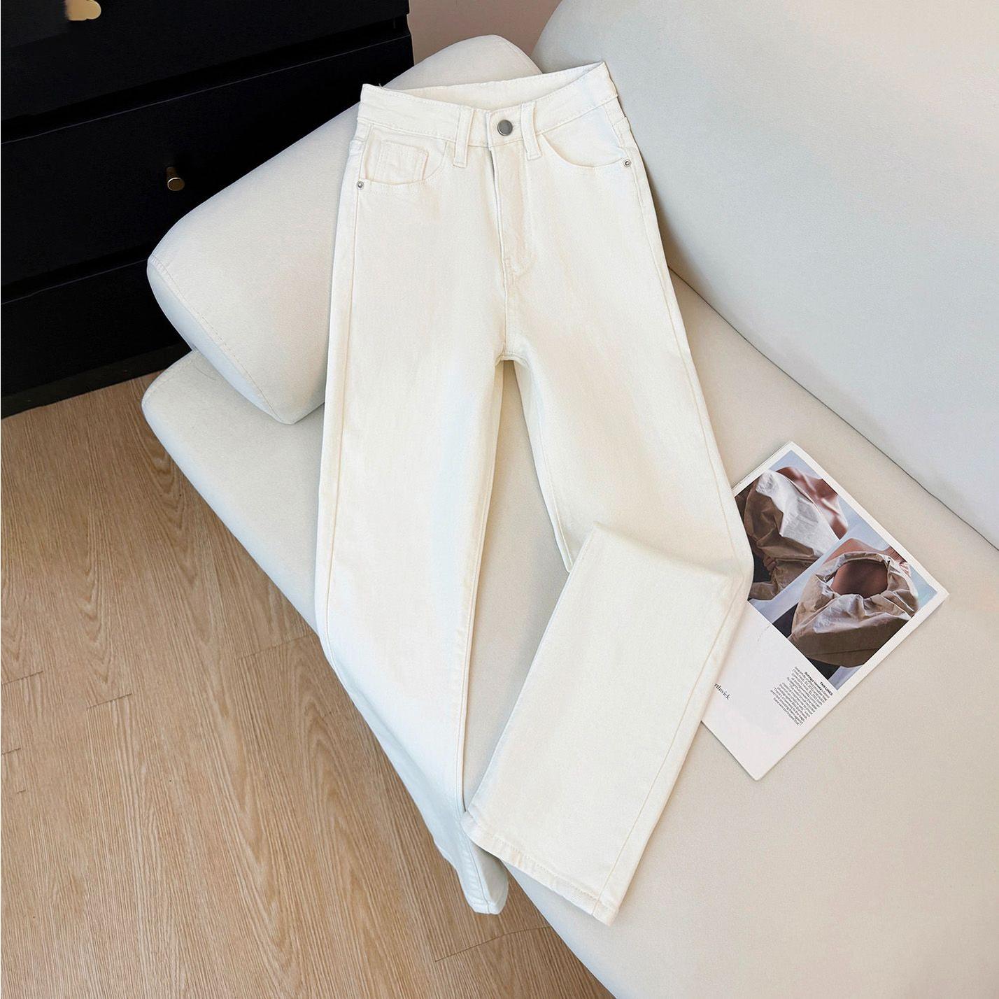 杏色显瘦弹力直筒裤秋冬加绒高腰百搭烟管裤小个子法棍牛仔裤女