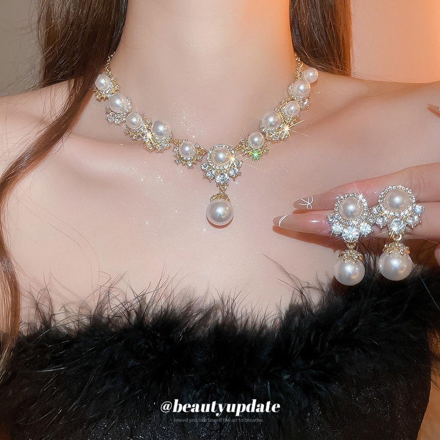 银针镶钻圆形珍珠吊坠耳环项链套装宫廷风锁骨链轻奢高级感饰品女