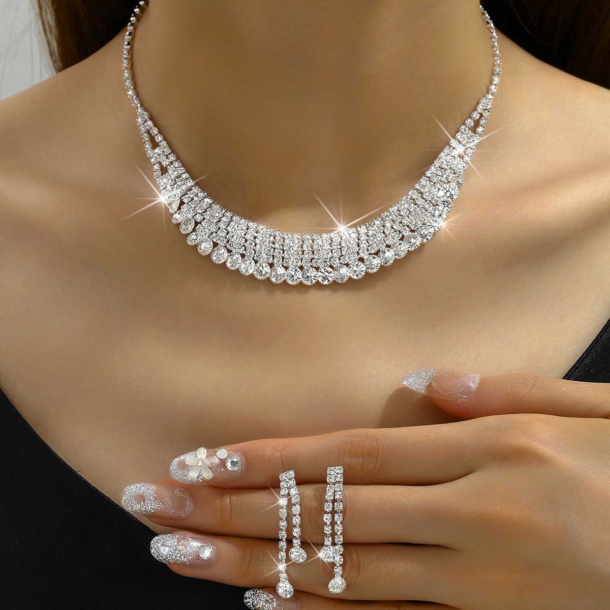 新款璀璨满钻水钻项链耳坠套装新娘结婚饰品气质简约百搭套装批发