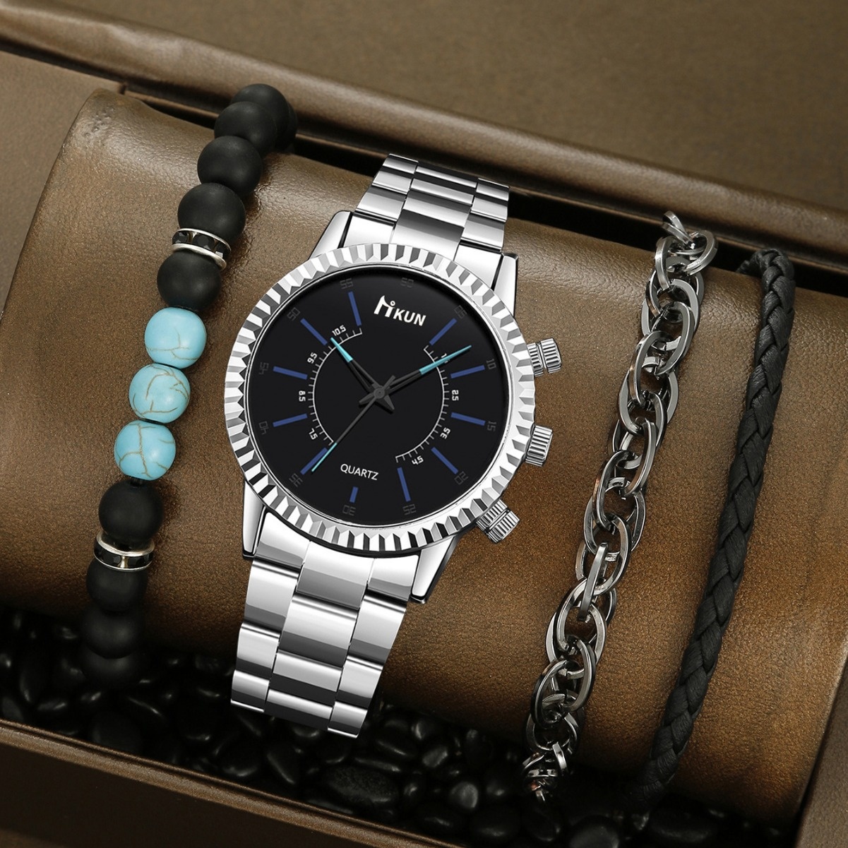 新款商务简约个性圆形齿轮钢带男款石英手表韩版绿松石手链套装