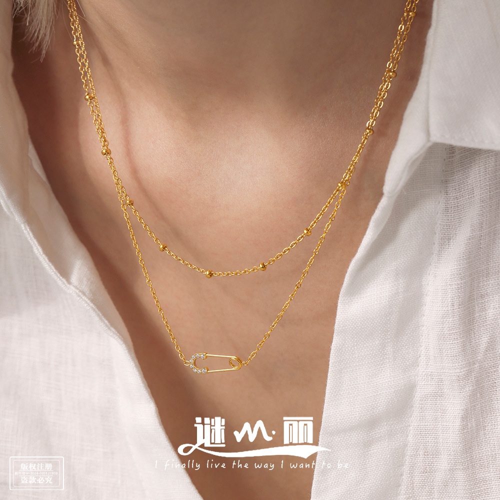 谜丽满钻5A锆石别针不锈钢双层项链精致手链首饰套装小巧饰品批发