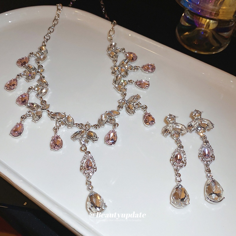 超闪镶钻水滴流苏项链耳环套装时尚百搭锁骨链轻奢高级感饰品批发