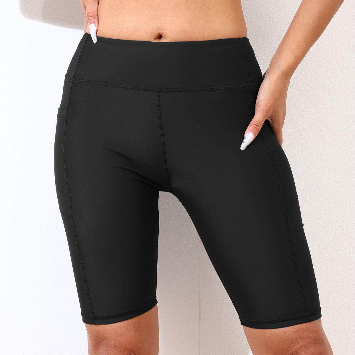 Women's high waisted swimming shorts with pockets and flat