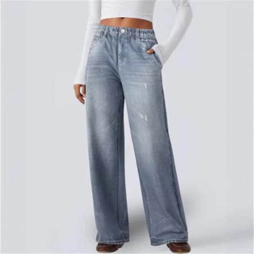 Blue wide leg jeans, women's high waist slimming pants